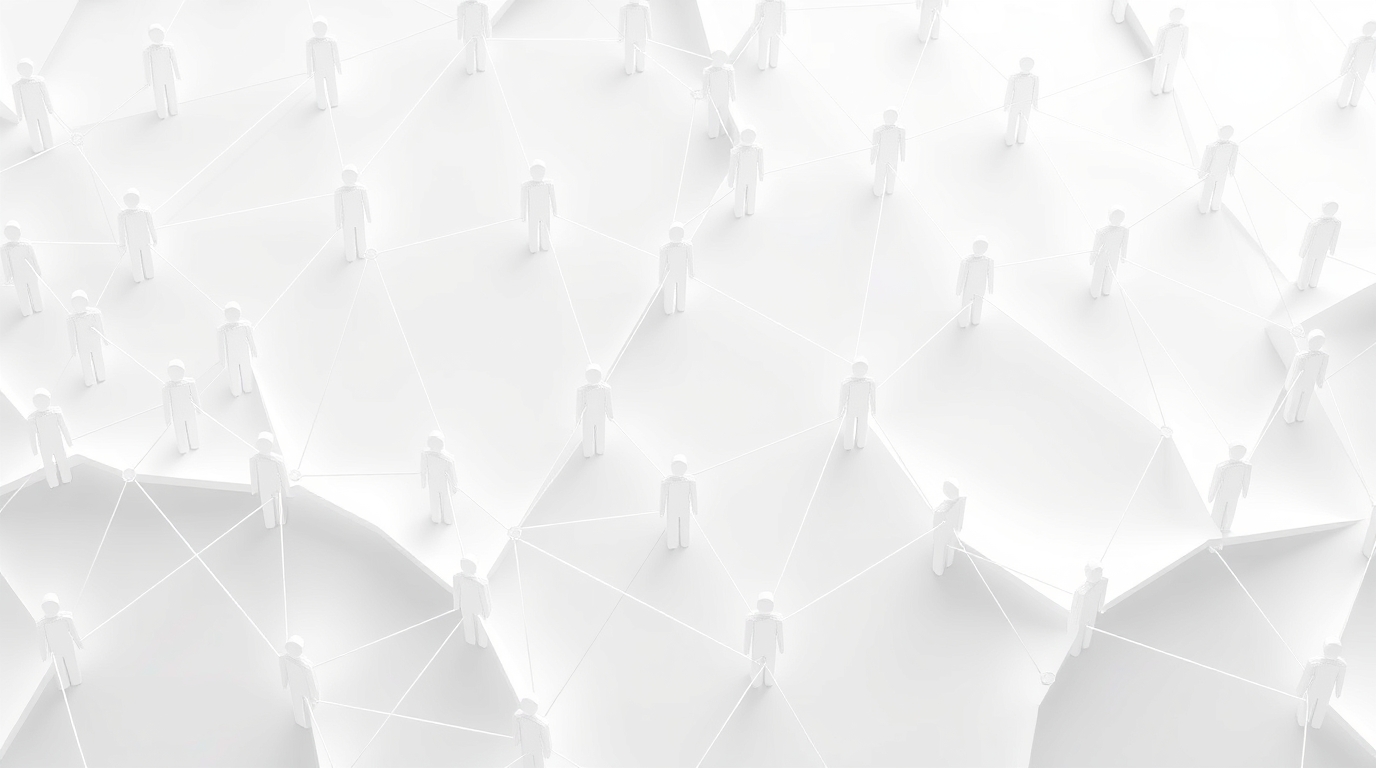 Representación tridimensional en blanco de una red de figuras humanas conectadas por líneas, simbolizando el mapeo de relaciones y datos de talento