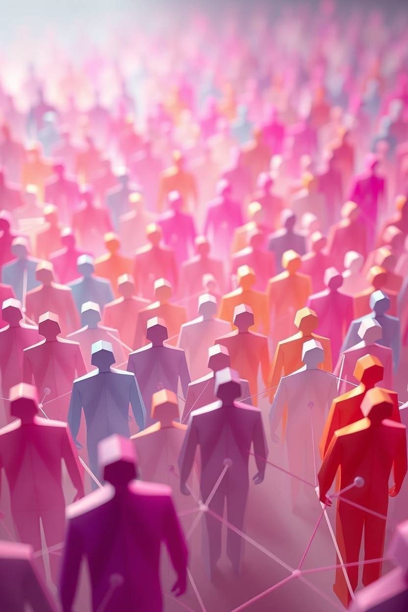 Multitud de figuras humanas conectadas por una red de líneas, representando el mapeo de desempeño y productividad del talento